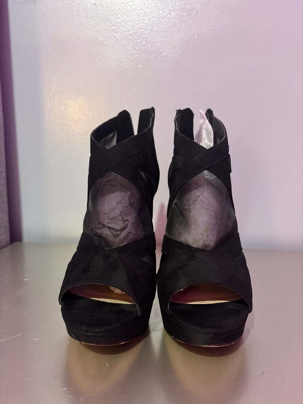 Mix No. 6 Caminero Black Mesh and Faux Suede Peep Toe Platform Heels Sz 8 - Picture 2 of 4